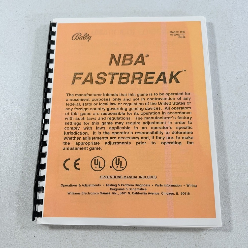 Bally NBA Fastbreak Pinball Arcade Game Manual 1997